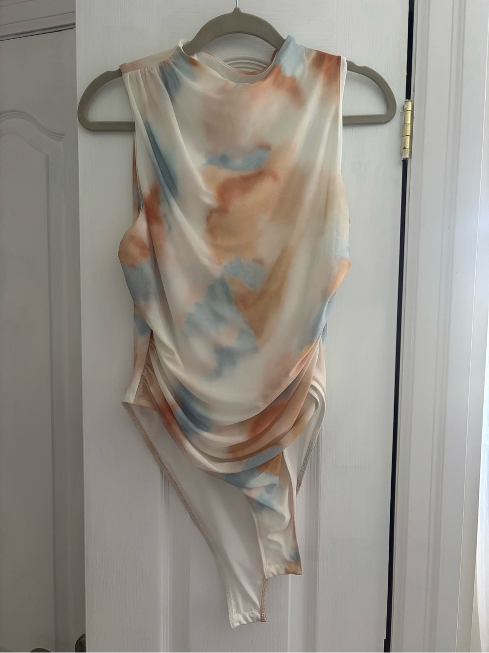 Source Unknown Sleeveless Watercolor-Print Bodysuit in Cream, Blue, Tan